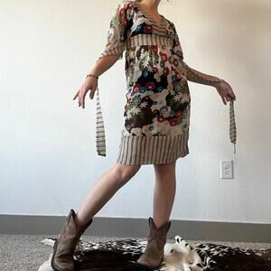 Monteau chiffon white black multicolor floral print boho a-line dress